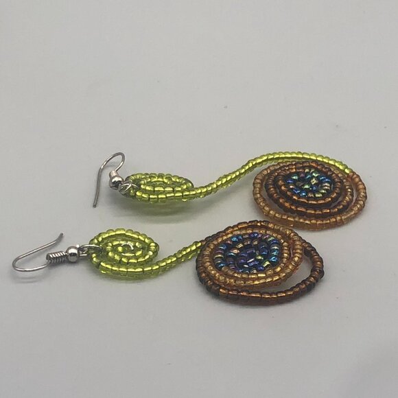 3/$30 Handmade Beaded Spiral Earrings Colorful Statement Dangle Tribal Style - Picture 4 of 8